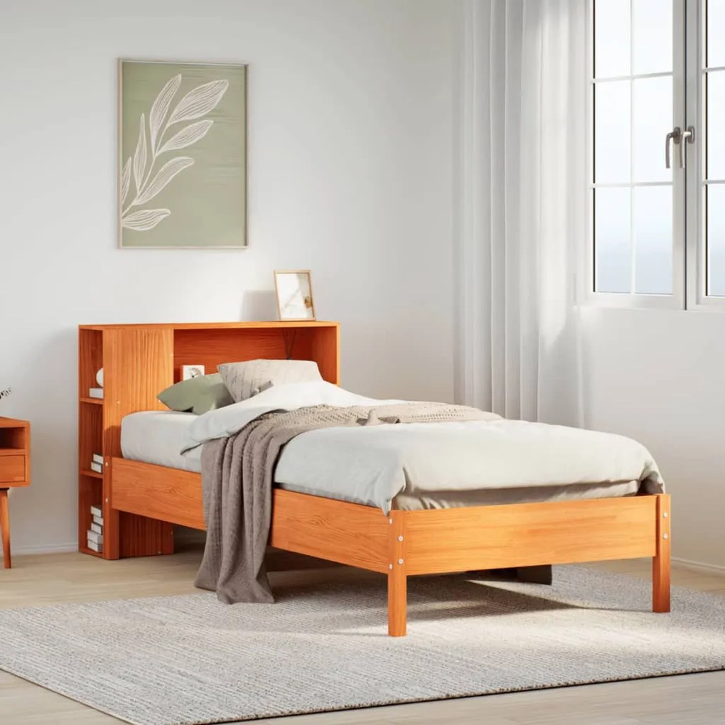 vidaXL Cama com estante sem colchão 90x200cm pinho maciço castanho-mel