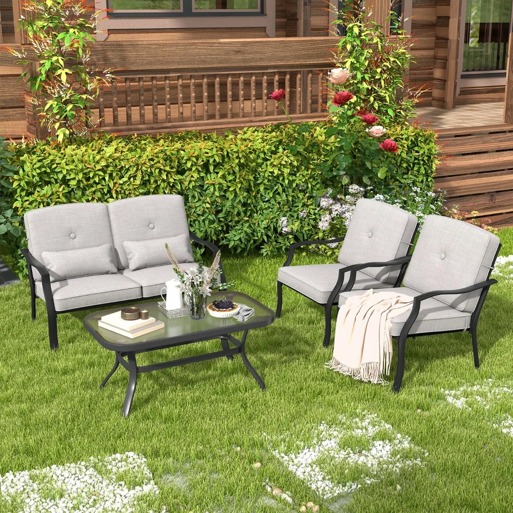 Conjunto de jardim de exterior 4 peças com 2 cadeiras individuais Cadeira de 2 lugares Mesa em vidro temperado Cinzento