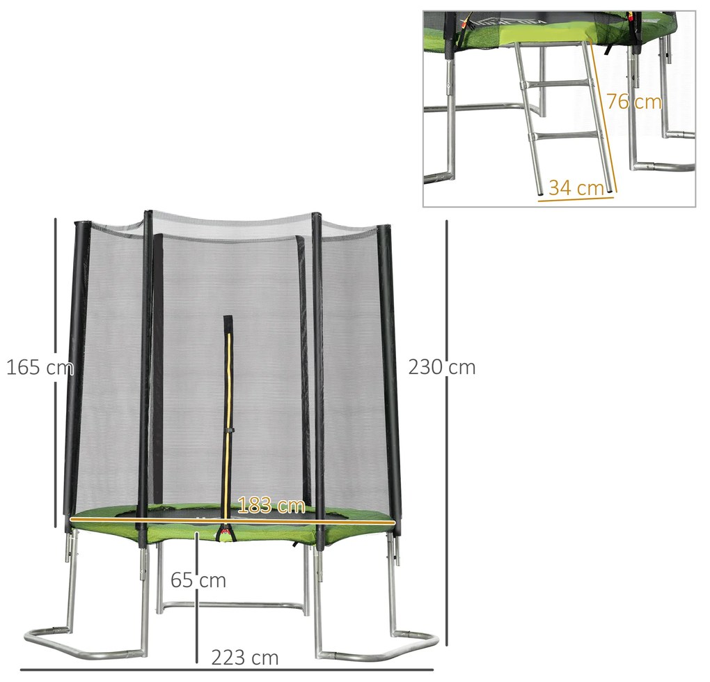 HOMCOM Trampolim de Jardim Ø223cm Trampolim para Crianças Adultos com Superfície de Salto Ø137cm Rede de Segurança Cobertura de Bordas e Escada para Exterior Verde