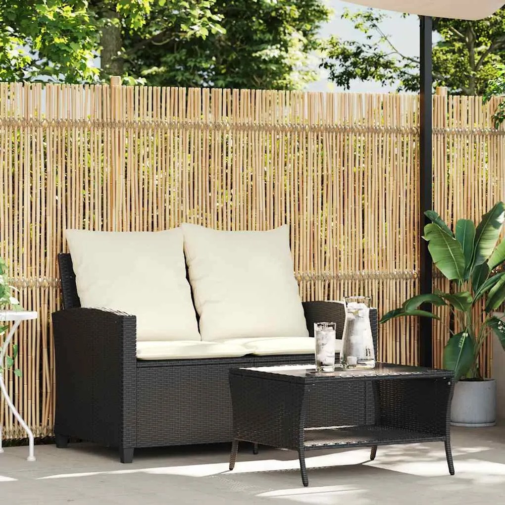 Sofá de jardim 2 lugares com almofadões vime PE preto