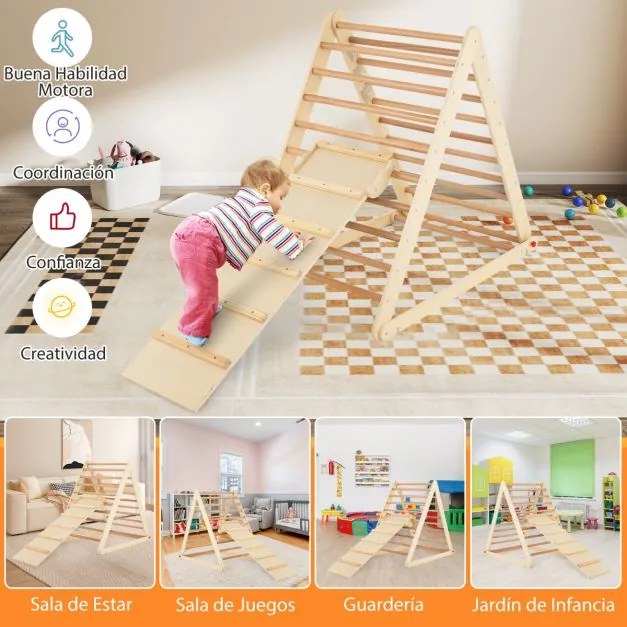 Escada triangular dobrável de madeira para crianças dos 6 meses aos 6 anos para a casa e o quarto das crianças 122 x 71 x 110 cm Natural
