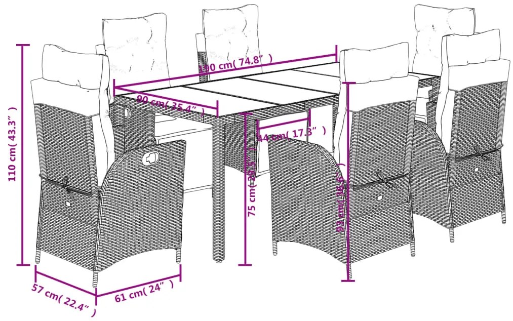 7 pcs conjunto de jantar p/ jardim c/ almofadões vime PE preto
