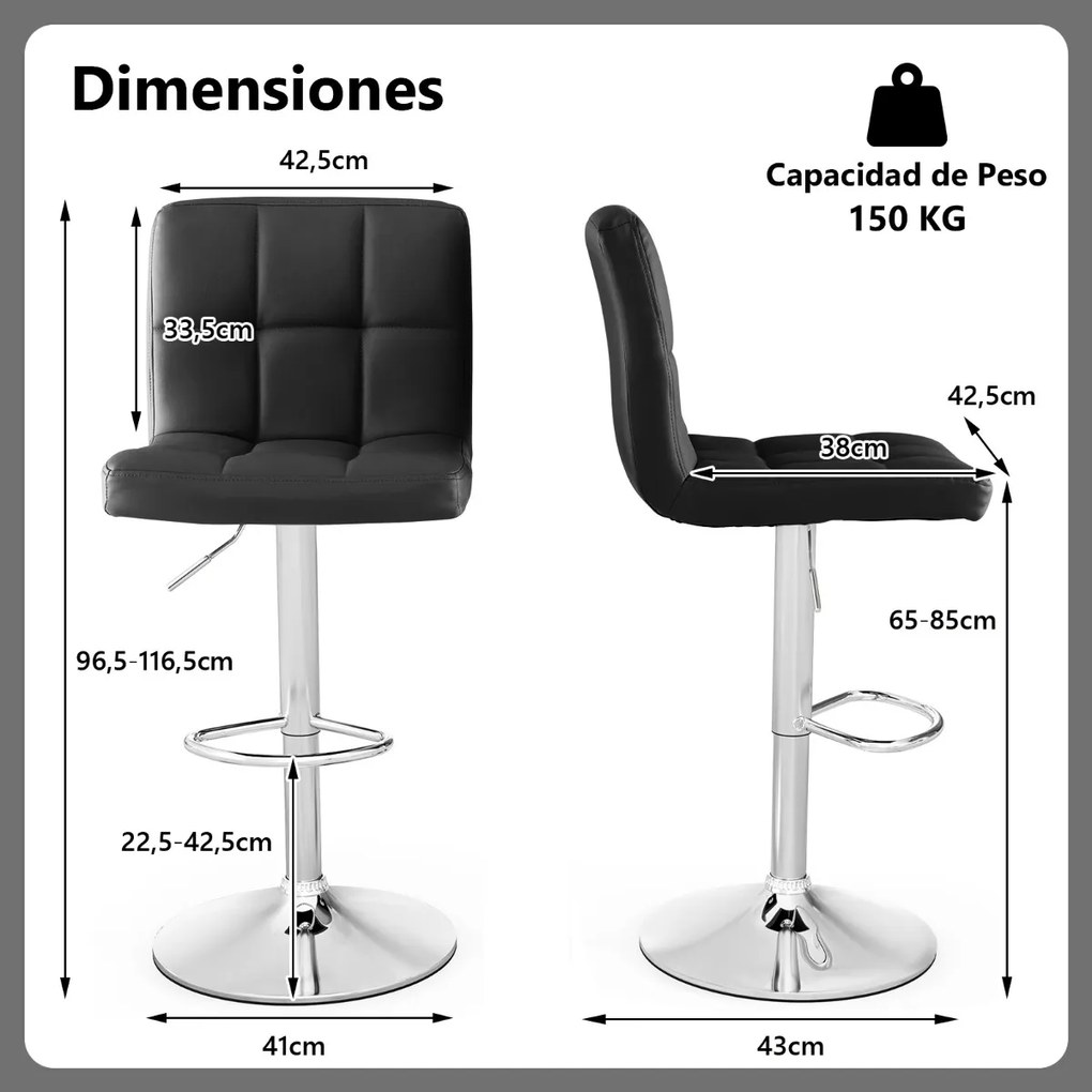 Conjunto de 2 bancos bar em pele sintética com assento giratório de 360° de altura ajustável, apoio para os pés e cadeira de jantar com base metálica