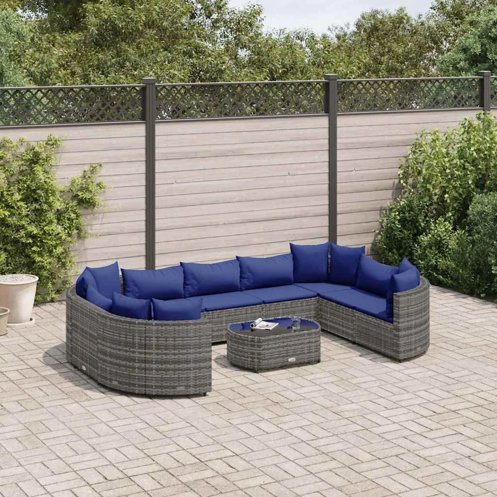 10 pcs conjunto sofás de jardim c/ almofadões vime PE cinzento