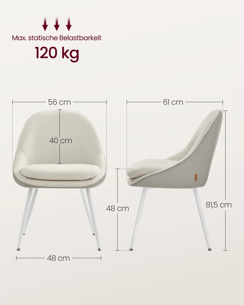 Conjunto de 2 cadeiras de jantar com pernas viradas para o exterior branco creme e branco
