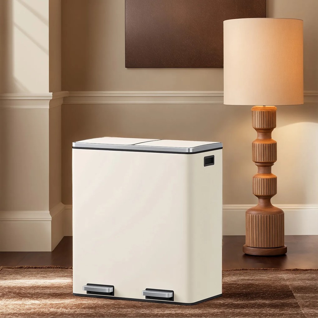 Caixote do lixo com 2 compartimentos de 60 L, 59 x 36,5 x 65,2 cm branco creme