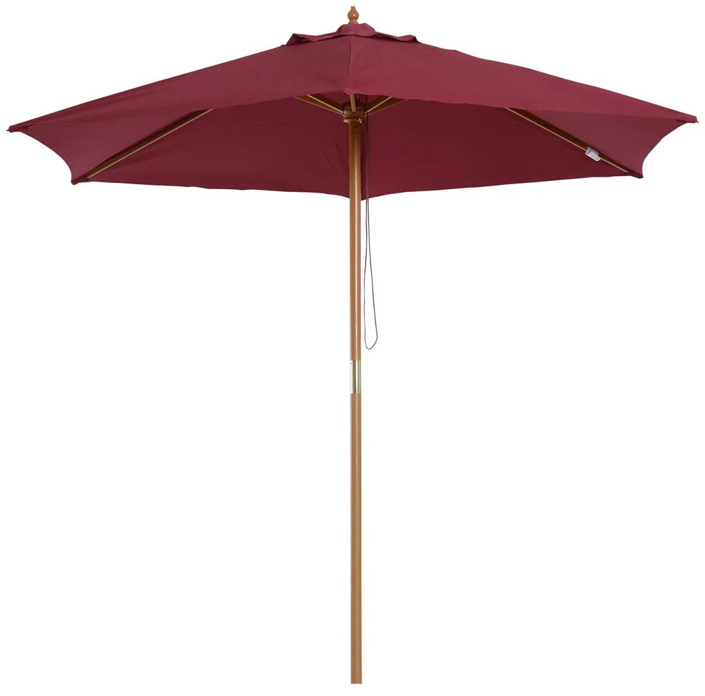 Outsunny Chapéu de Sol Ø250x230cm Chapéu de Sol com Mastro de Madeira com 6 hastes Sistema de Polia com Fixação para Jardim Pátio Terraço Vinho