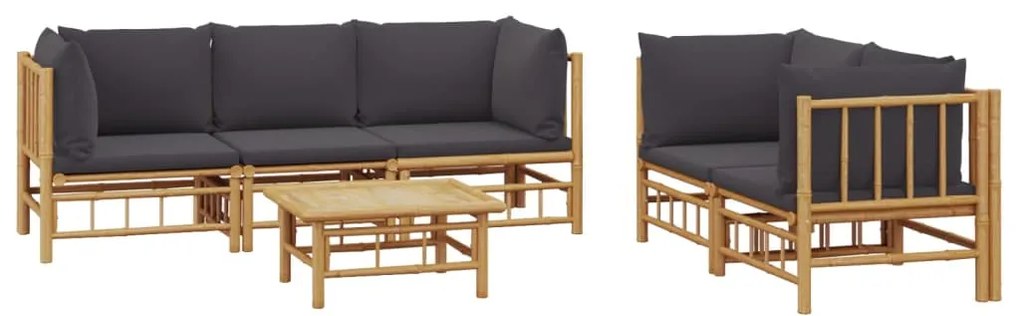 6 pcs conjunto lounge jardim bambu c/ almofadões cinza-escuro