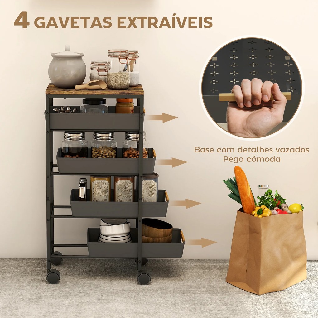 Carrinho de Cozinha de Armazenamento de 5 Níveis Carrinho Auxiliar com Rodas Bancada com Efeito Madeira 39,5x24x82 cm Preto