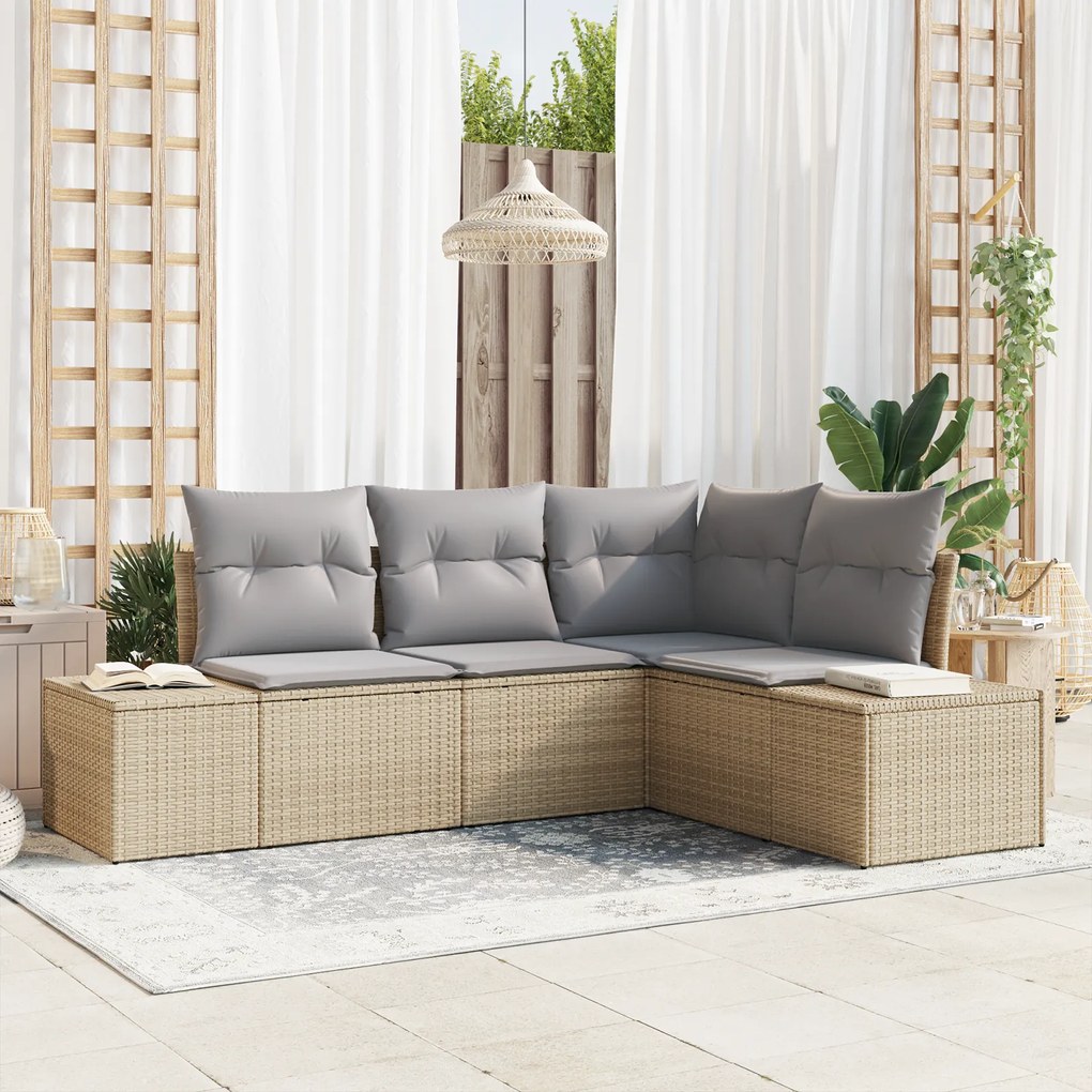 Conjunto de Sofá de Jardim de 4 Peças com Almofadas em Bege e Rattan P