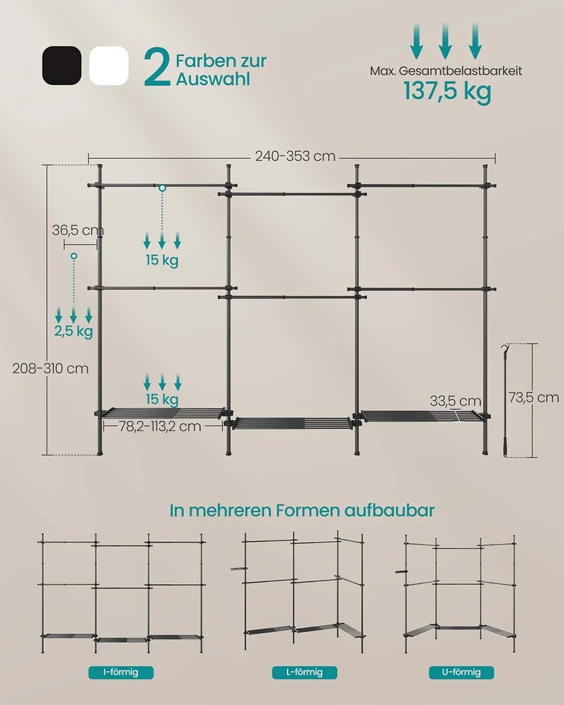 Guarda roupa aberto com 6 barras e 3 prateleiras 33,5 x (240-353) x (208-310) cm em preto