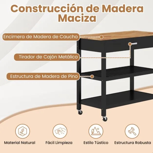 Carrinho de cozinha 106 cm x 50 cm x 89 cm com bancada de madeira, gaveta, 2 prateleiras abertas, barra para pendurar e rodas com travão, natural e pr