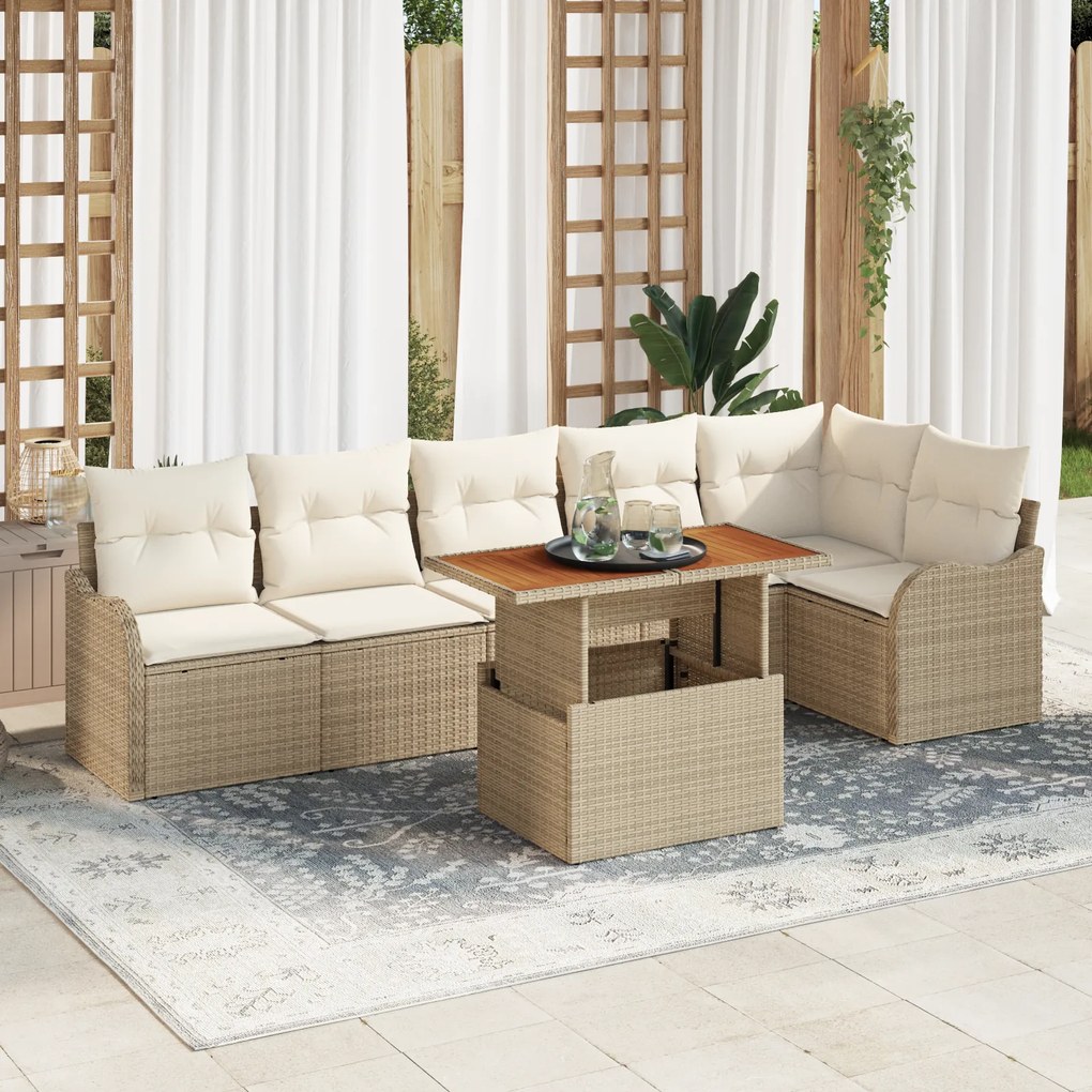 Conjunto de Sofás de Jardim vidaXL de 7 Peças com Almofadas Bege Polirattan Acácia
