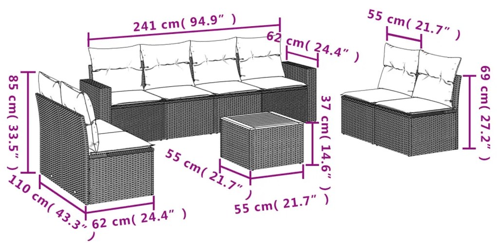 9 pcs conjunto de sofás p/ jardim com almofadões vime PE bege