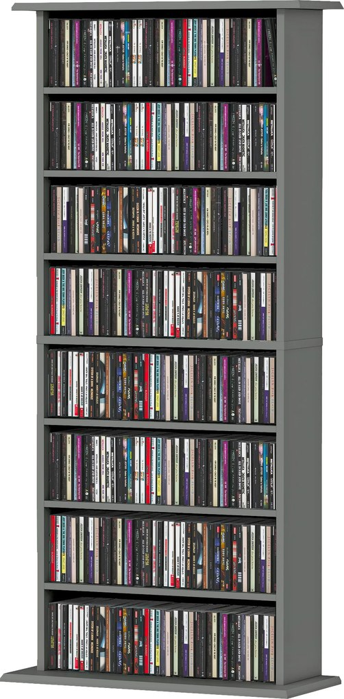 Organizador para CD e DVD com 8 compartimentos e 6 prateleiras ajustáveis, capacidade máxima de 360 CD/185 DVD e Blu-ray, cinzento