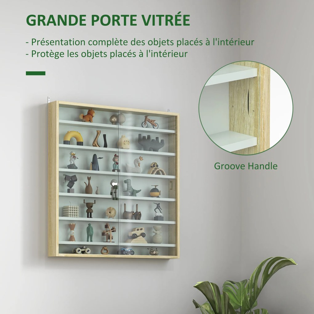 Vitrine para coleção, vitrine de parede, 80 x 9,5 x 83 cm, 6 prateleiras com altura ajustável, 2 portas de correr em vidro branco, e cor carvalho