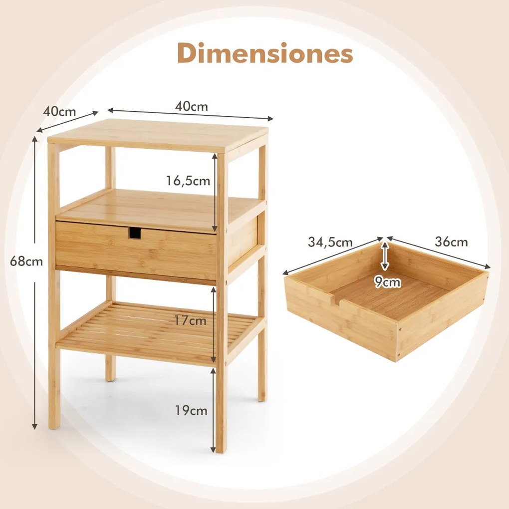 Mesa de cabeceira multiusos em bambu com gaveta e estante com ranhuras Mesa de apoio de 3 níveis para o quarto, sala de estar 40 x 40 x 68 cm Natural