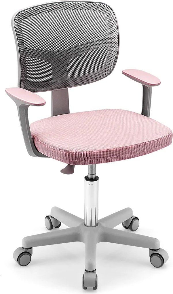 Cadeira de secretária ergonómica para crianças com rodas Cadeira giratória para computador Apoio lombar ajustável em altura Rosa