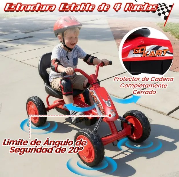 Kart a pedais para crianças com assento ajustável em 2 posições para crianças dos 3 aos 8 anos Capacidade de carga de 30 kg vermelho