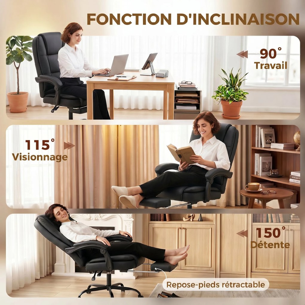 Cadeira de escritório ergonómica, cadeira de escritório reclinável em PU com apoio para os pés retrátil, altura ajustável, preta