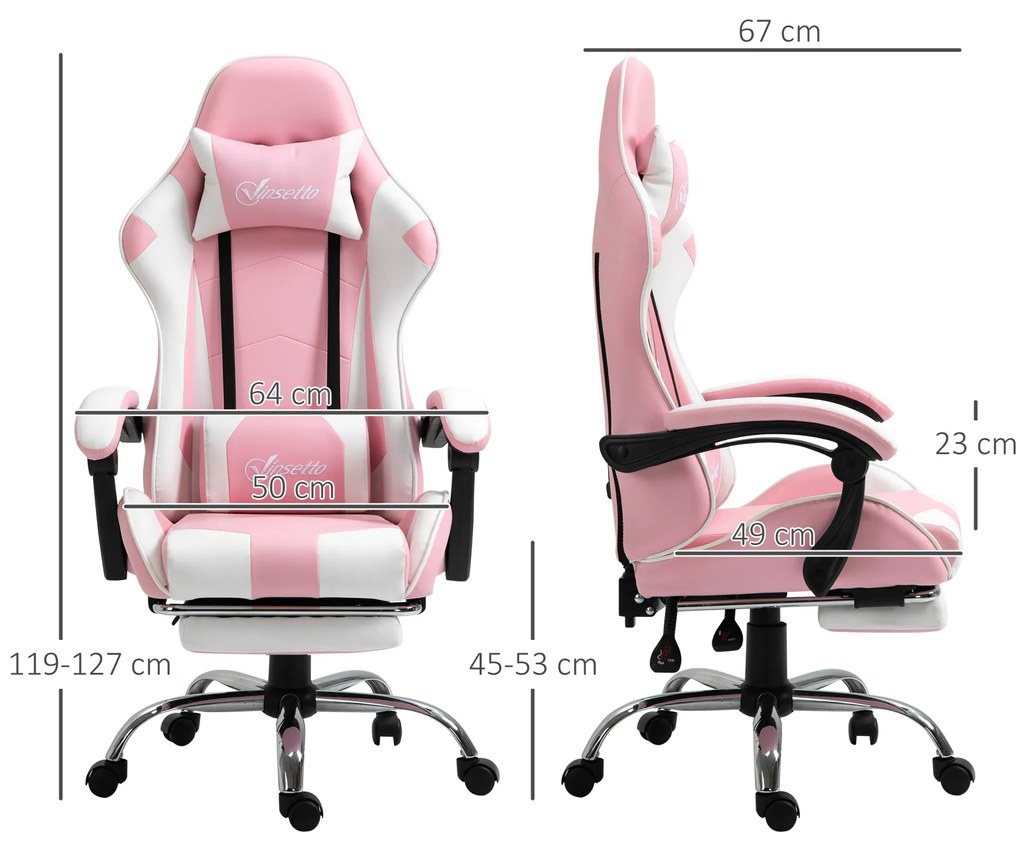 Cadeira de Gaming Reclinável Giratória com Apoio para a Cabeça Apoio para os Pés e Almofada Lombar 64x67x119-127 cm Rosa
