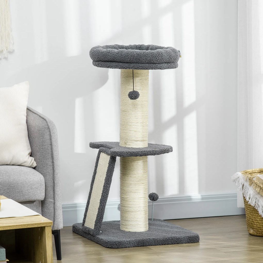 Árvore para gatos com arranhador em forma de tronco de sisal, bolas suspensas e plataforma de observação, altura 92 cm - cinzento
