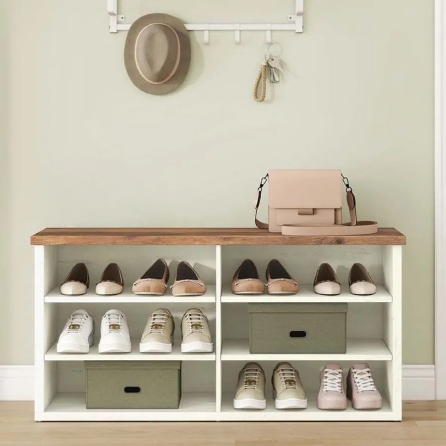 Banco sapateira 29,5 x 100 x 50 cm com espaço de arrumação e prateleiras ajustáveis branco vintage-castanho mel