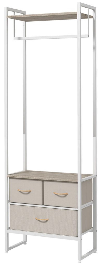 HOMCOM Suporte para Cabides com 3 Gavetas de Tecido Barra para Pendurar e Prateleira para Entrada Quarto 58,5x30x178 cm Natural