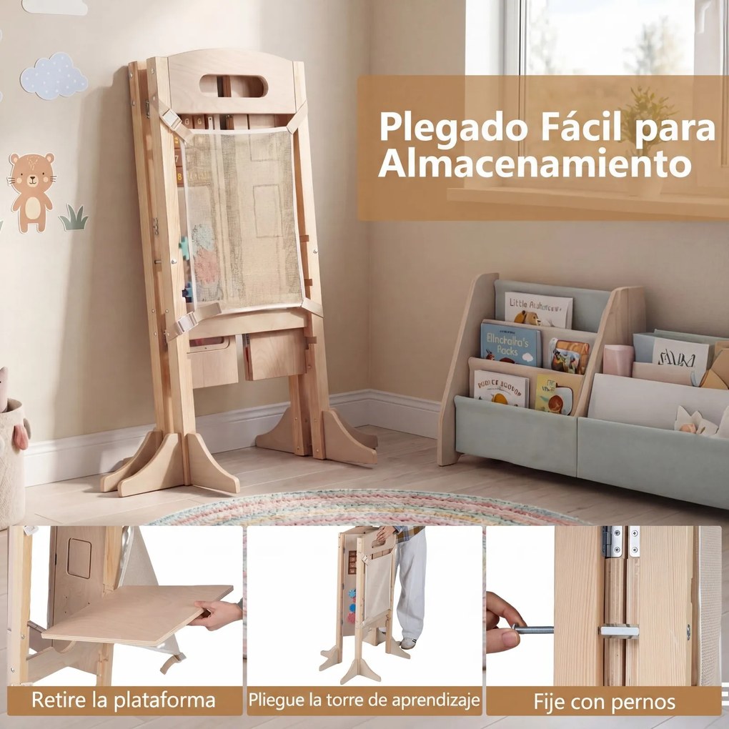 Torre de Aprendizagem Infantil Dobrável, 83,5 x 73 x 93 cm, 3 Níveis Ajustáveis, Natural