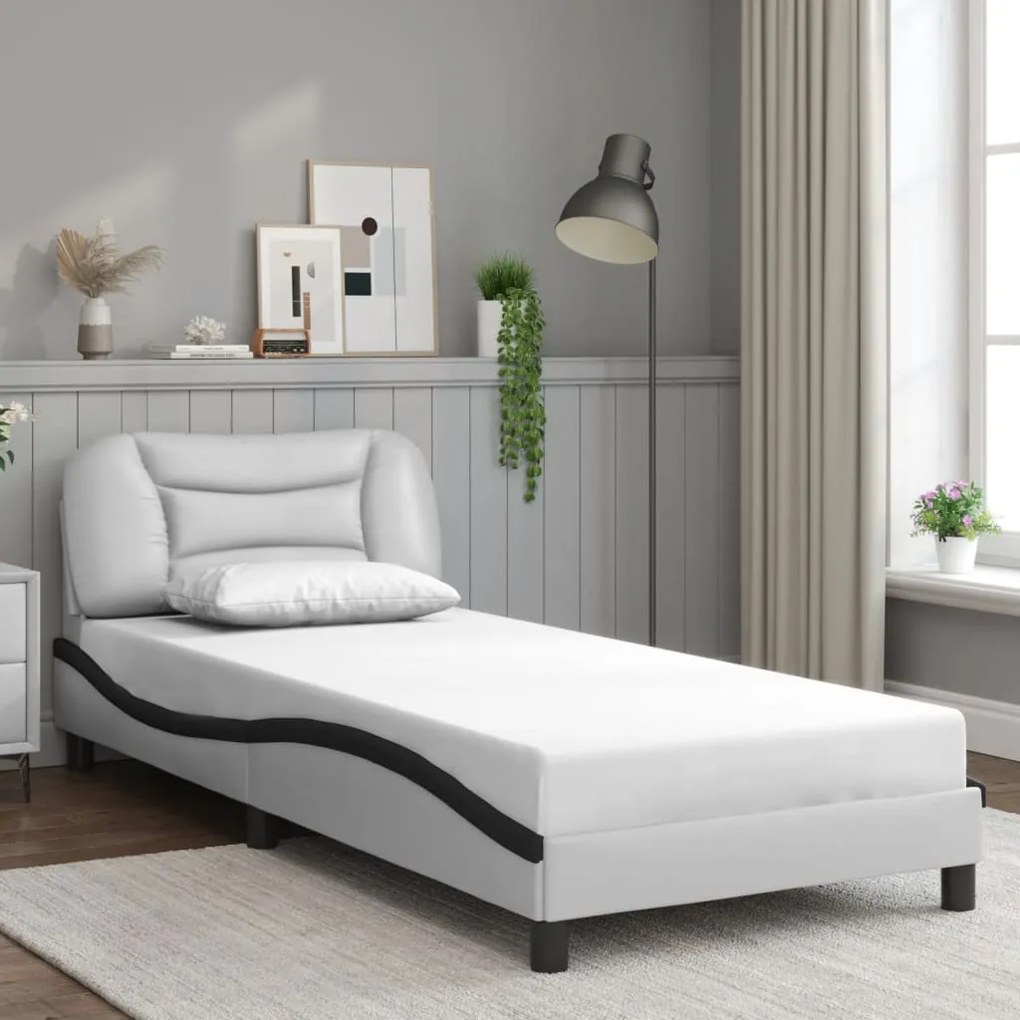 Estrutura cama c/ luzes LED 90x200cm couro artif. branco/preto
