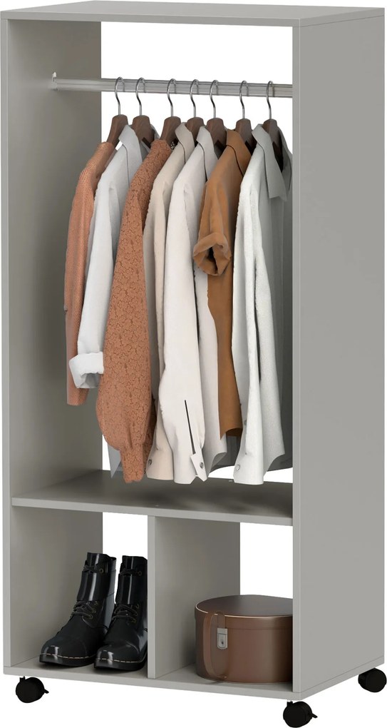 Guarda roupa aberto com prateleiras 60 x 40 x 128 cm, 2 compartimentos abertos para cabides, 4 rodas giratórias, cinzento