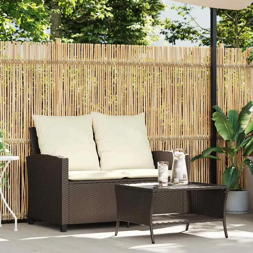 Sofá de jardim 2 lugares com almofadões vime PE castanho
