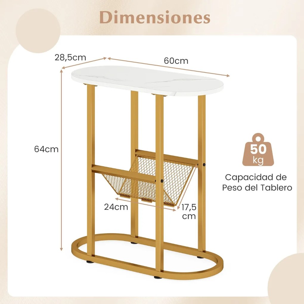 Mesa apoio, mesa de cabeçeira Estreita 60 x 28,5 x 64 cm com Tampo de Imitação Mármore e Suporte para Revistas Estrutura Metálica Dourada e Branco