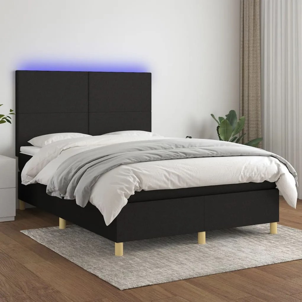 3135279 vidaXL Cama box spring c/ colchão e LED 140x200 cm tecido preto