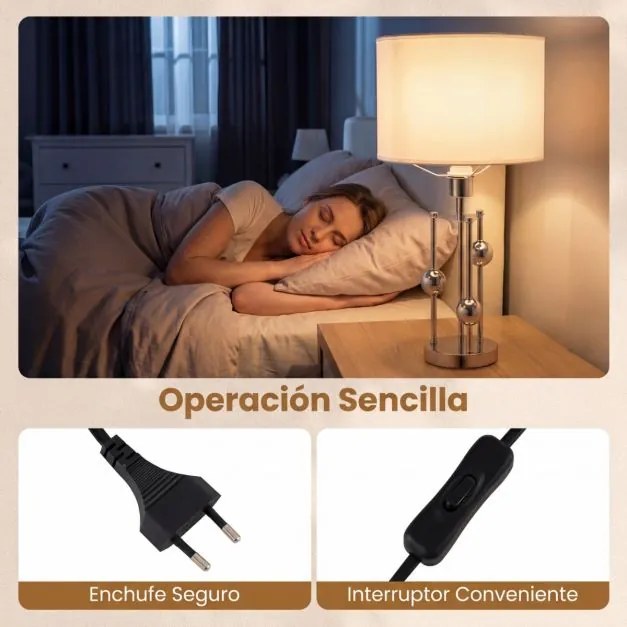 Candeeiro de mesa moderno com base E27 Abajur de linho Bolas decorativas para quarto Sala de estar Estúdio Prateado + Branco