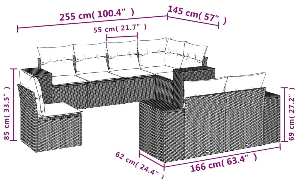 8 pcs conjunto sofás de jardim c/ almofadões vime PE castanho