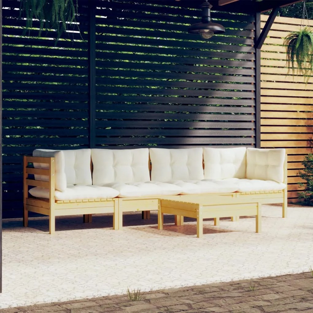 vidaXL 5 pcs conjunto lounge jardim c/ almofadões creme pinho maciço