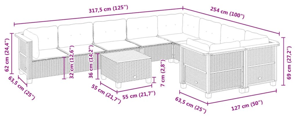 10 pcs conjunto sofás de jardim c/ almofadões vime PE preto