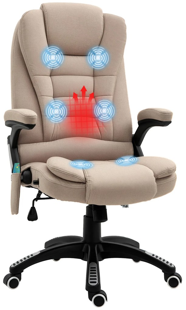 Vinsetto Cadeira de Massagem com 6 Pontos de Massagem Cadeira de Escritório Reclinável até 130° com Função de Aquecimento Altura Ajustável e Rodas para Estúdio 68x72x110-120 cm Marrom Claro