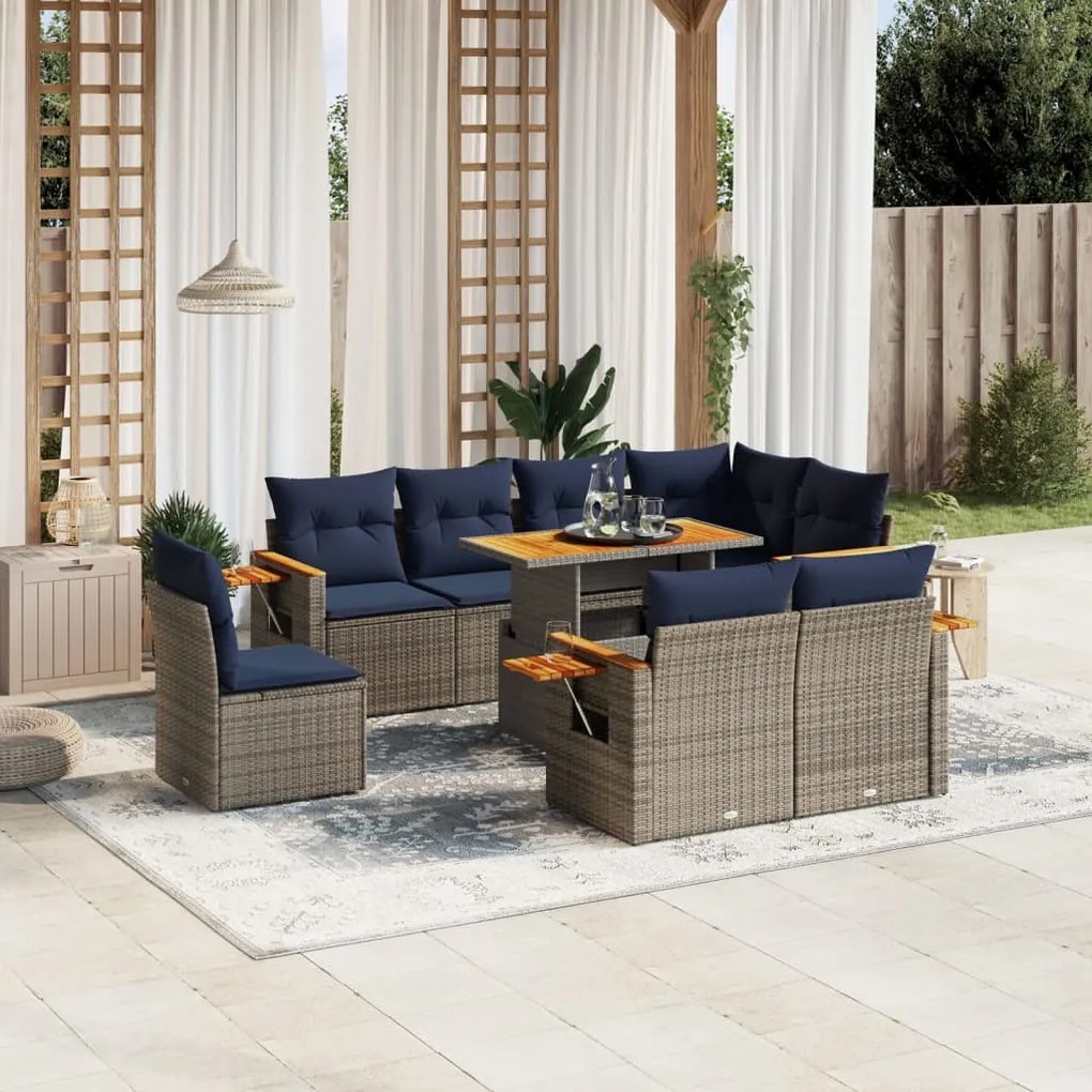vidaXL 9 pcs conjunto sofás p/ jardim c/ almofadões vime PE cinzento
