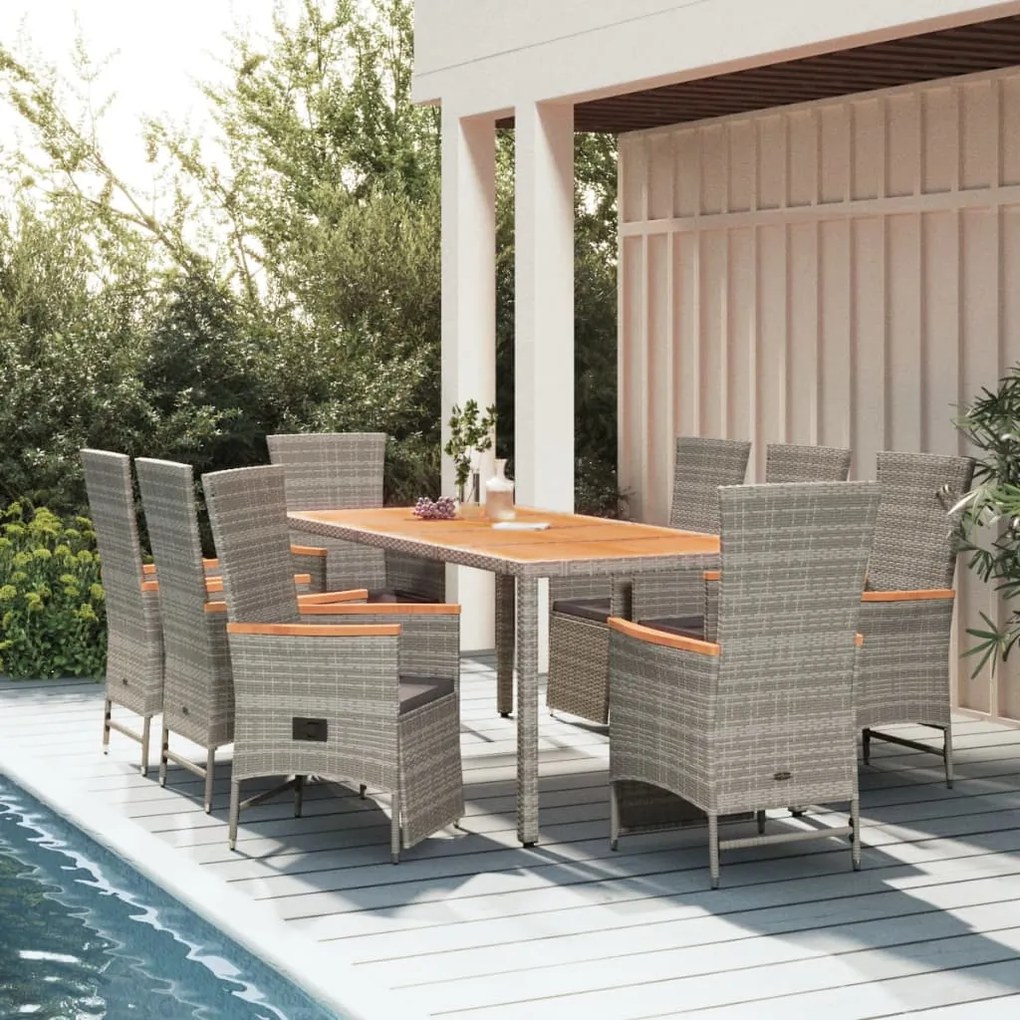 vidaXL 9 pcs conjunto de jantar p/ jardim c/ almofadões vime PE cinza