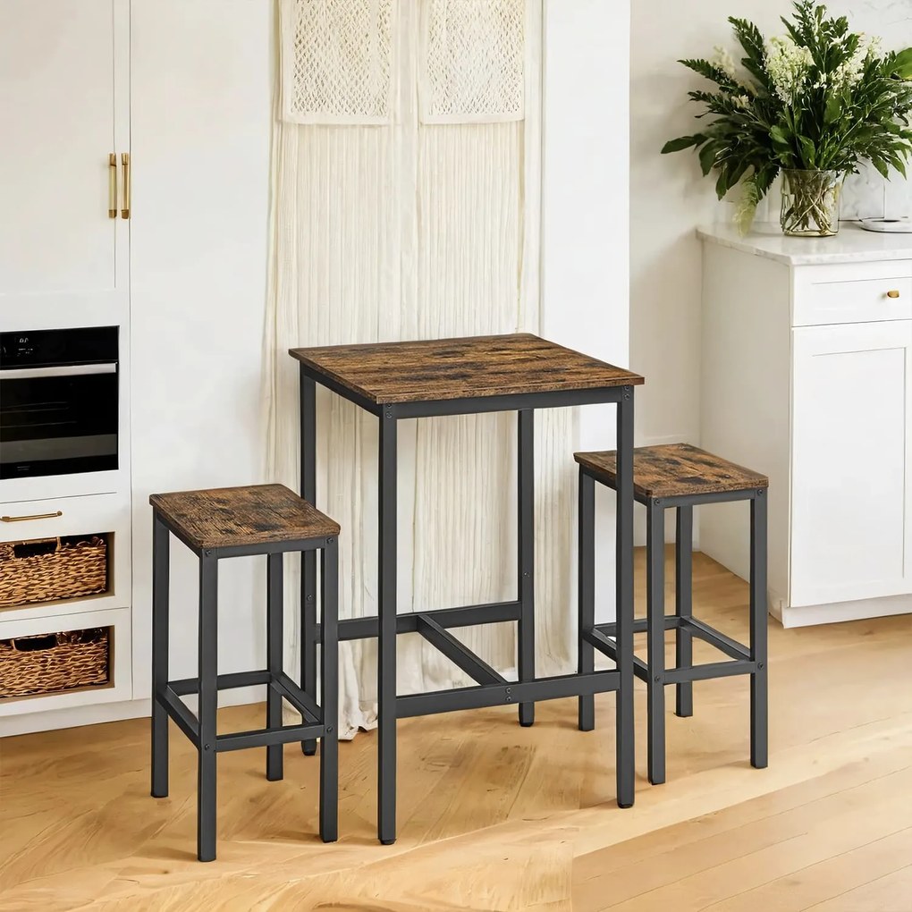 Conjunto Mesa de jantar alta com 2 cadeiras, mesa de bar com banco de bar castanho Vintage-preto