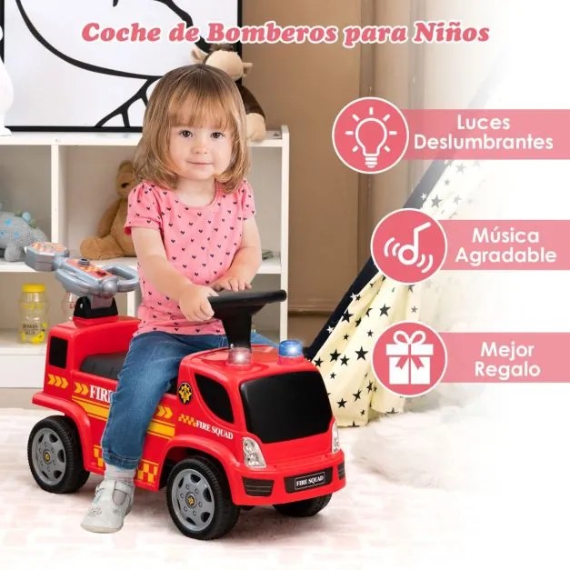 Andador Carro de bombeiros de brinquedo para crianças dos 18 aos 36 meses com função de bolha Música Sirene Carrinho de empurrar 82 x 82 x 45 cm Verme