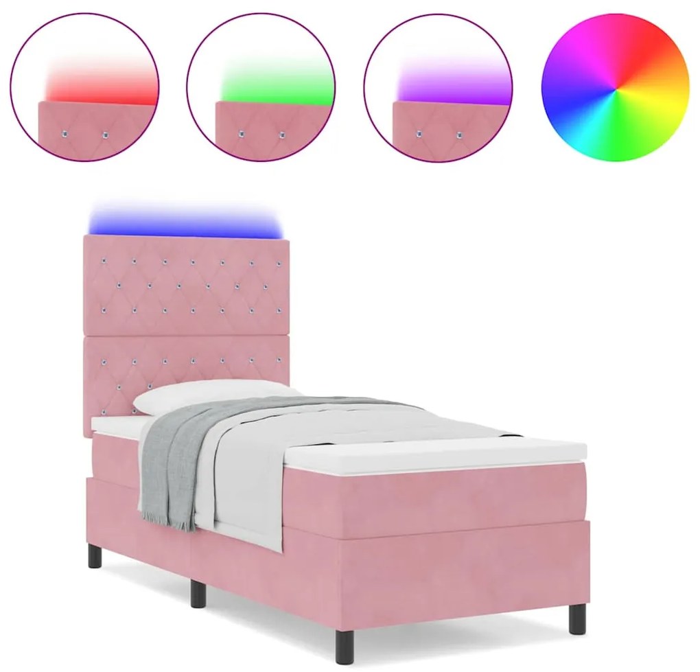 Cama Box Spring com Colchão e LED Rosa 90x190 cm Veludo