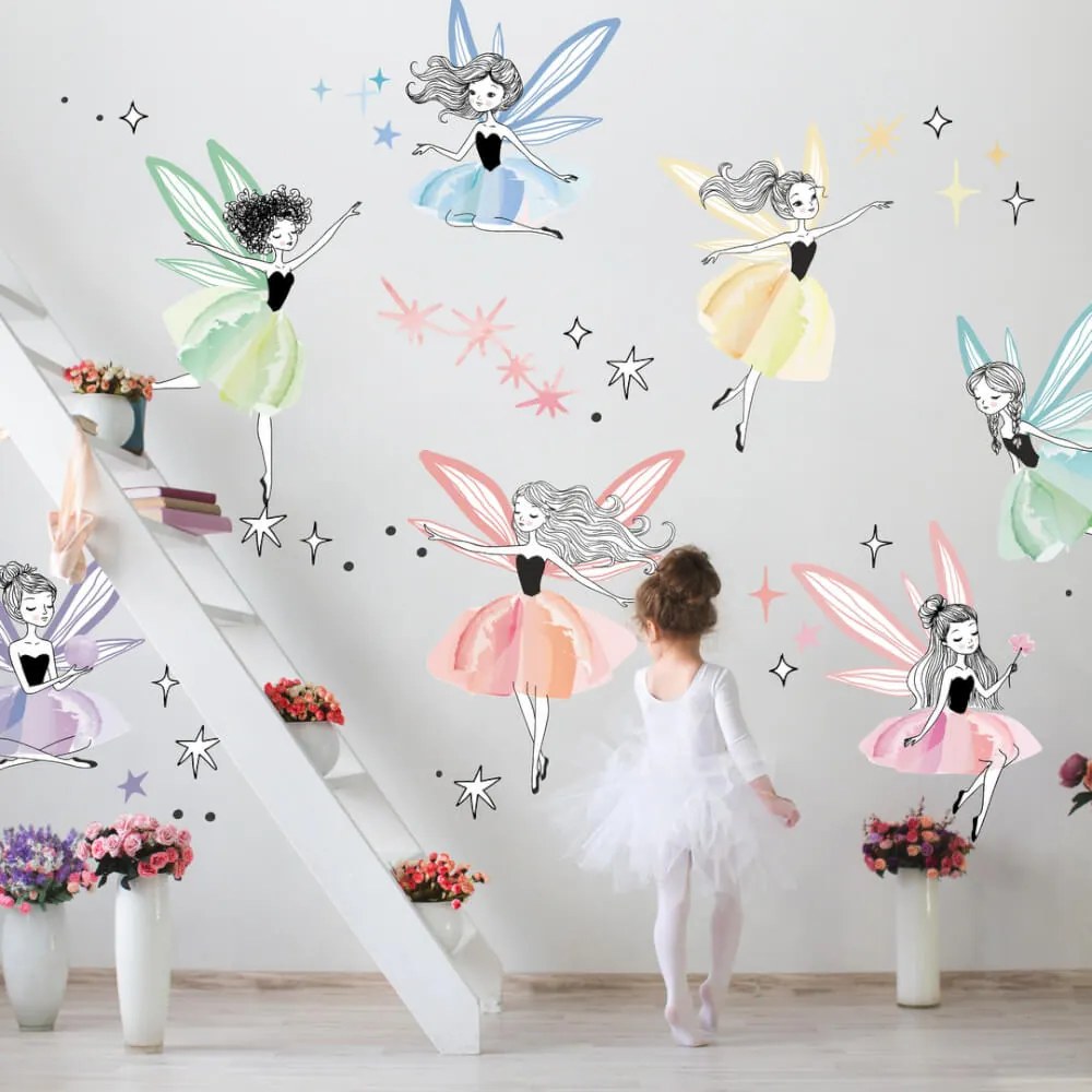 Autocolantes para crianças - Fadas coloridas em toda a parede