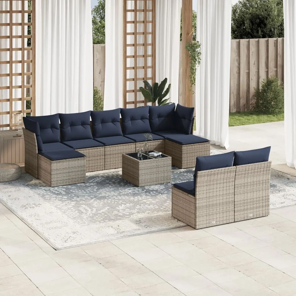 vidaXL 10 pcs conjunto sofás p/ jardim c/ almofadões vime PE cinzento