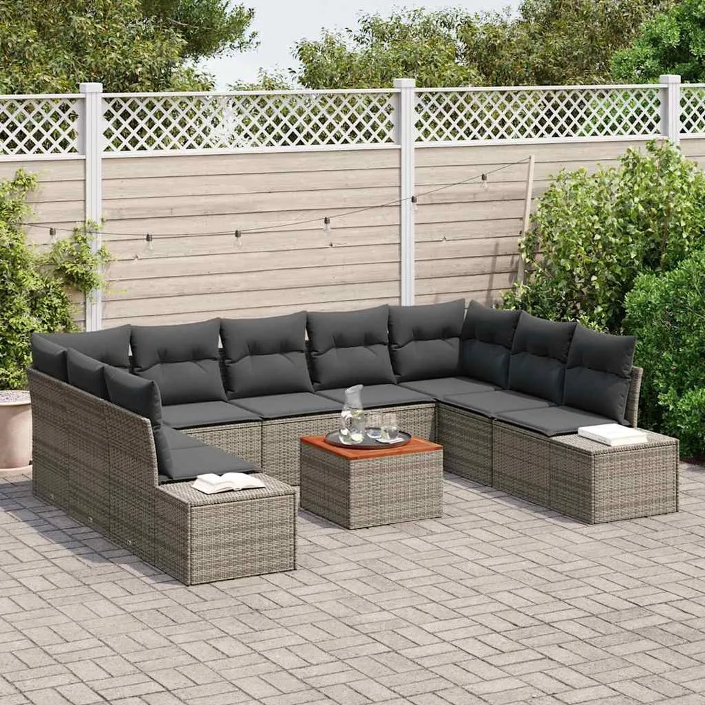 Conjunto de Sofá de Jardim 10 pcs Cinzeto Vime &amp; Vidro