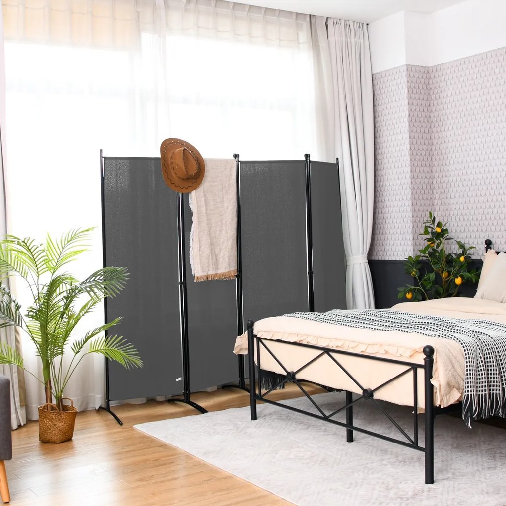 Biombo de 4 painéis Divisória dobrável Divisória de paredes de fibra Proteção de privacidade 220 x 51 x 173 cm Cinza