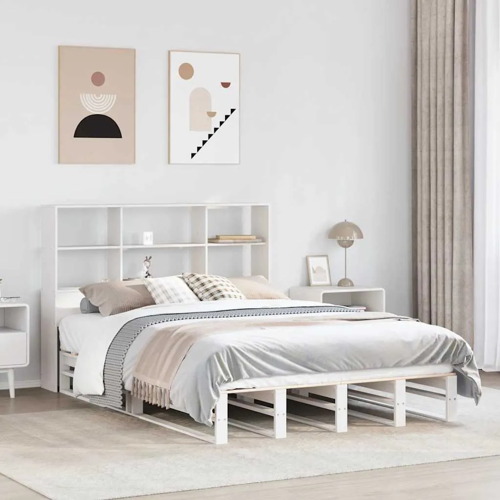 vidaXL Cama com estante sem colchão 140x200 cm madeira maciça branco