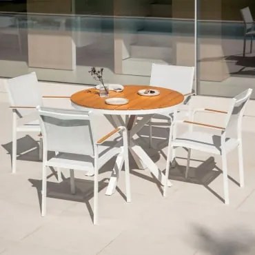 Conjunto De Mesa Redonda Ø100 Cm Em Madeira De Eucalipto E 4 Cadeiras De Jardim Empilháveis Em Alumínio Archer Gardénia Branco - Sklum